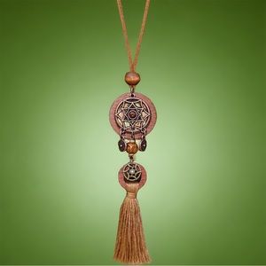 Boho Ladies 1 Pendant Wooden Cut Out Necklace Round Hollow Set White Flower Coff